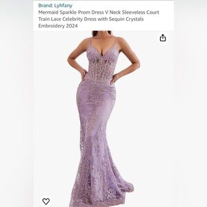 Mermaid Sparkle Prom Dress V Neck Sleeveless Court, Train Lace Celebrity Dress